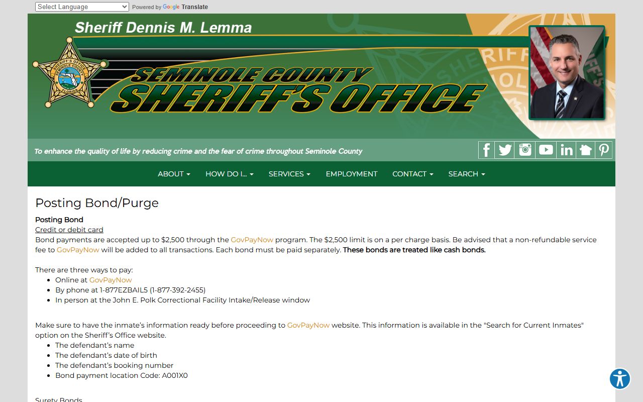 Seminole County Sheriff bond and purge payment instructions after a jail arrest