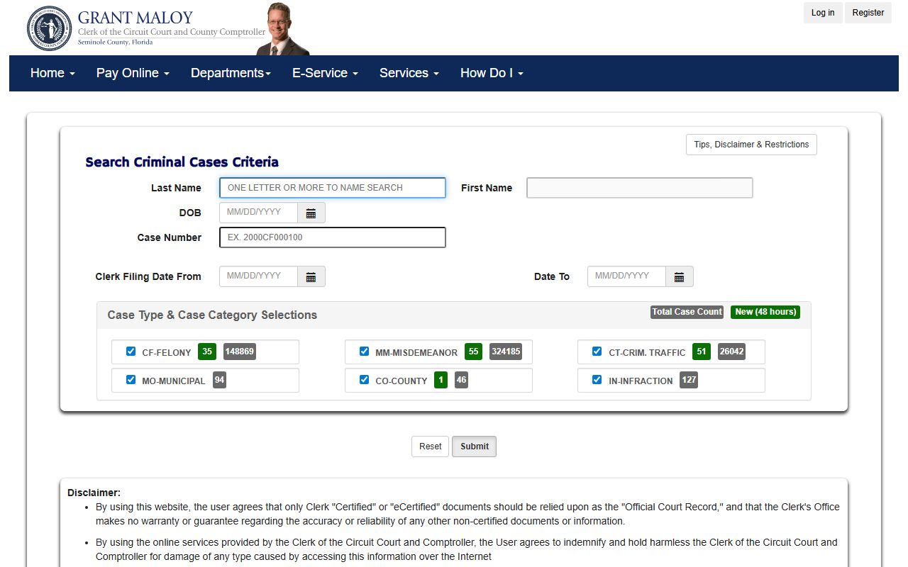 Seminole County Clerk criminal case search portal for court records after a jail arrest
