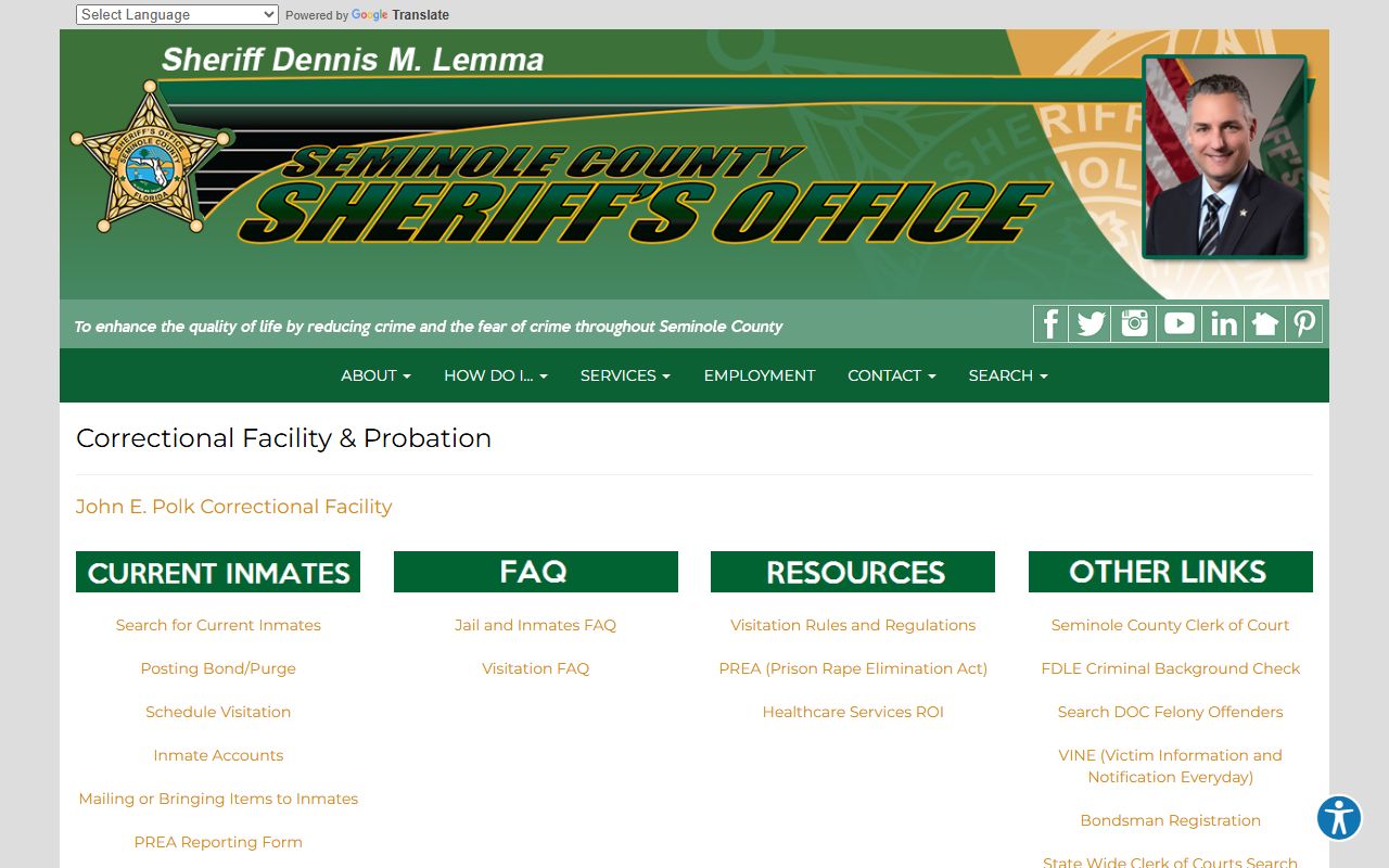 Seminole County Sheriff corrections hub linking the inmate search, bond, and visitation tools