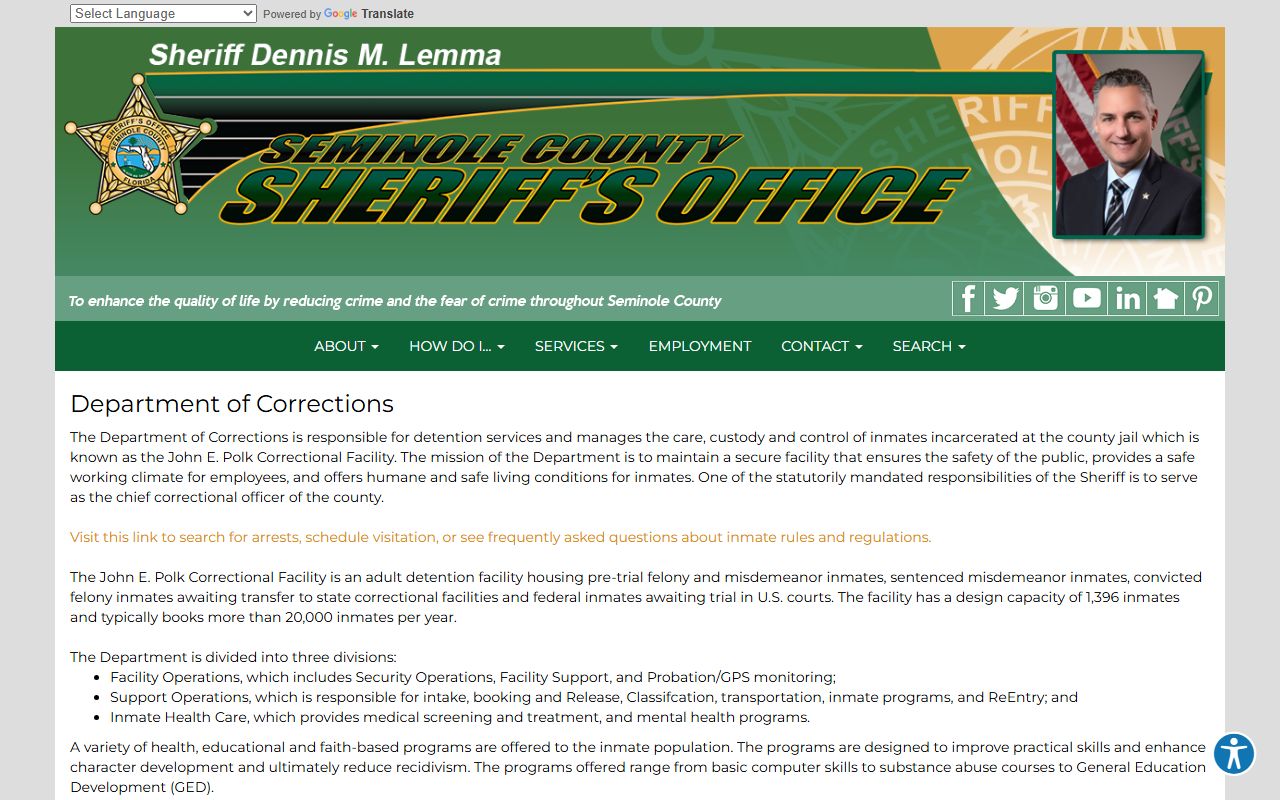 Seminole County Department of Corrections page showing jail capacity and inmate population details