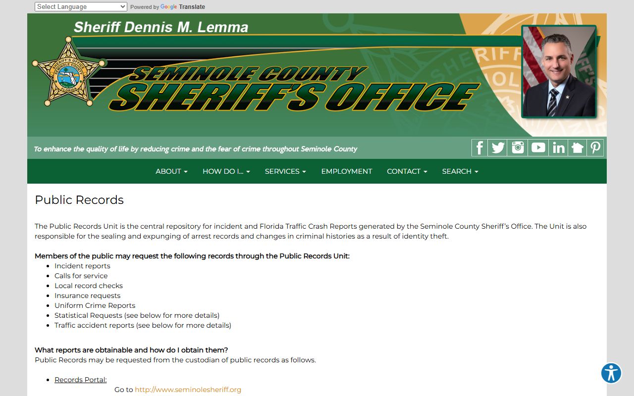 Seminole County Sheriff public records page with request channels and fees for inmate and booking records