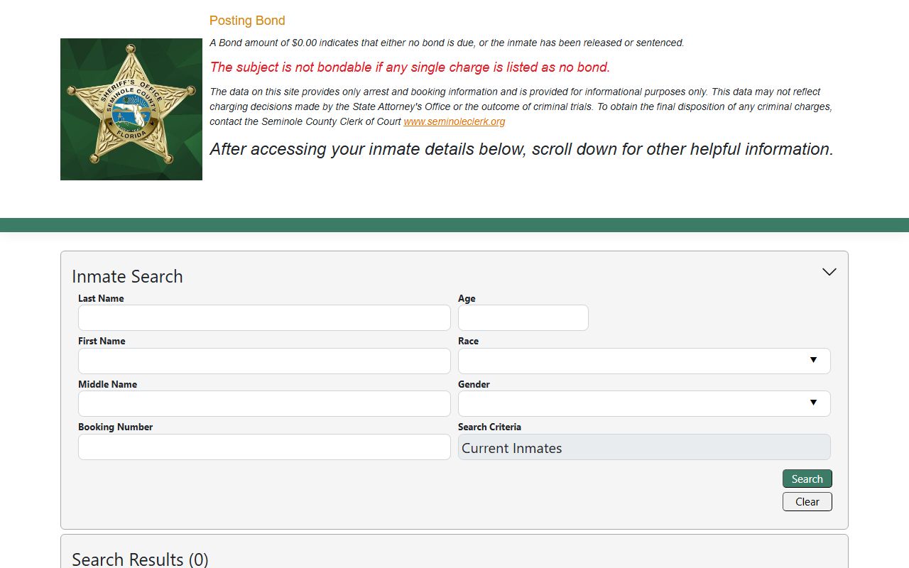 Seminole County custody portal inmate search form for jail roster records