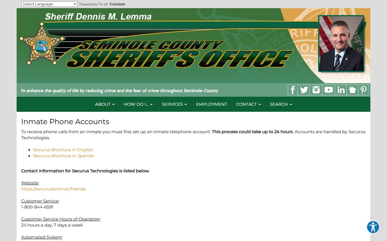 Securus phone account setup page for Seminole County jail inmate calls