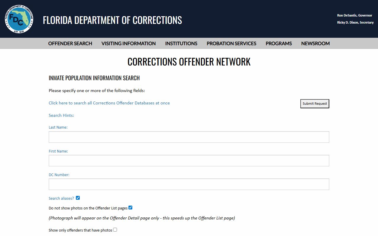Florida Department of Corrections inmate search form for sentenced state prisoners from Seminole County