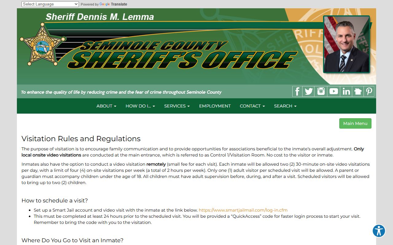 John E. Polk Correctional Facility visitation rules page for Seminole County jail visits