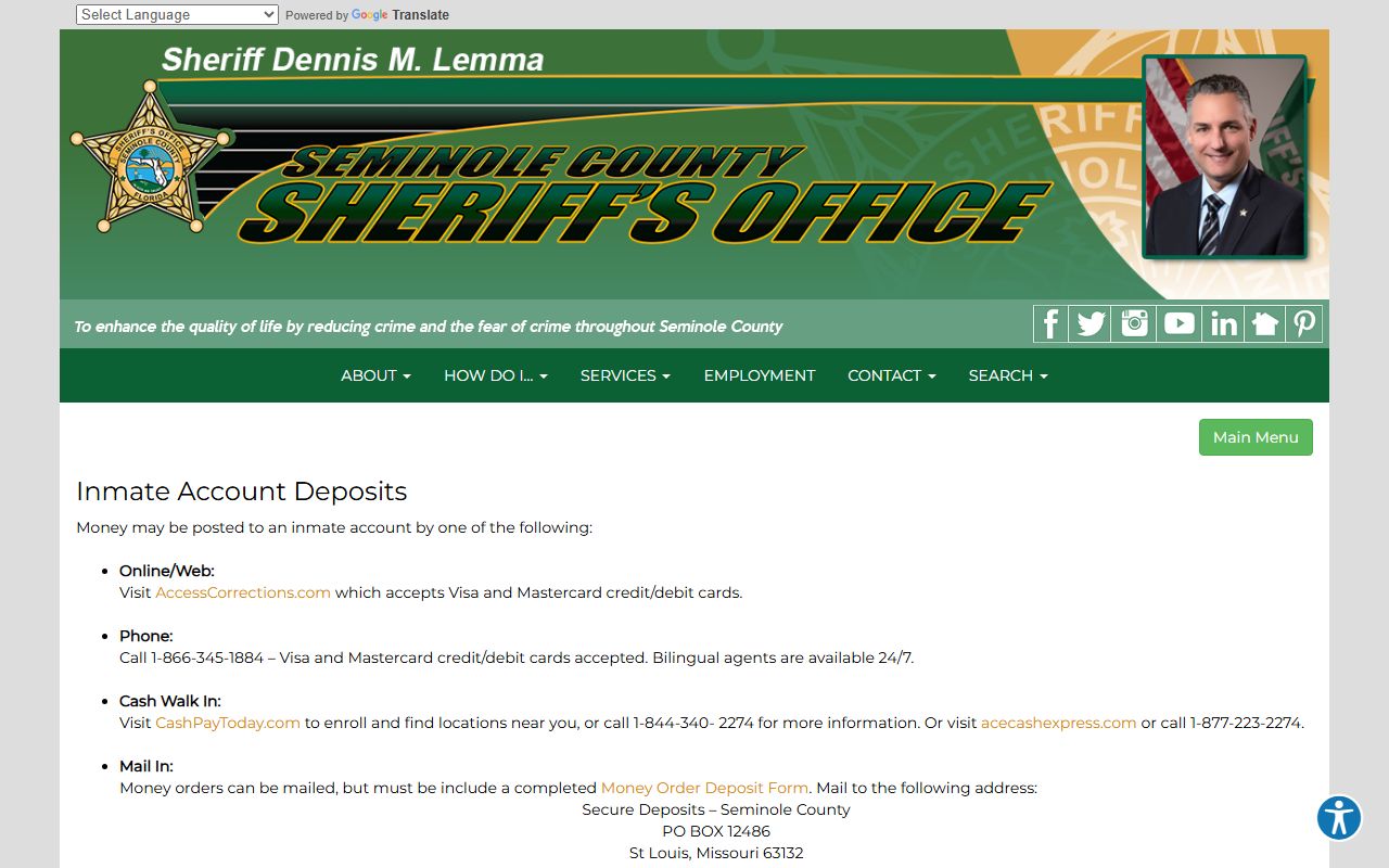 John E. Polk Correctional Facility inmate accounts deposit options for the Seminole County jail
