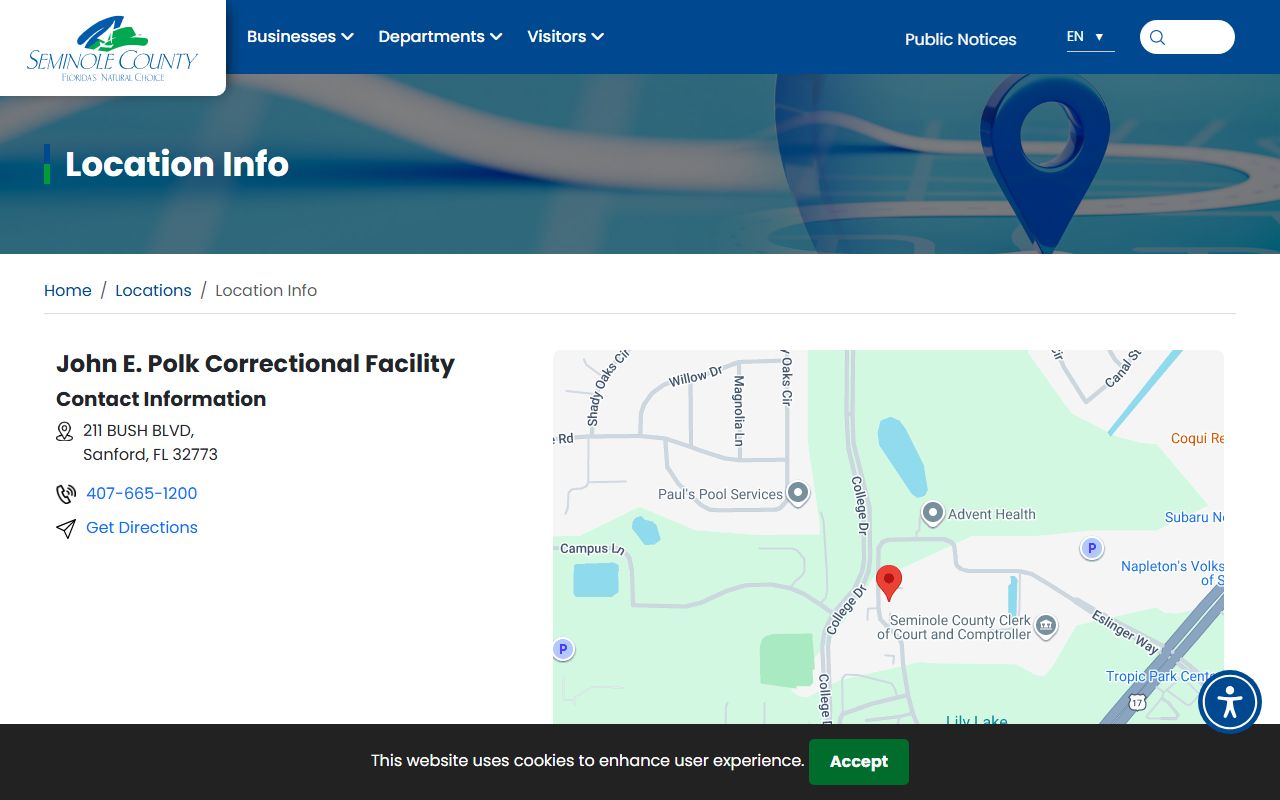 Seminole County location page for the John E. Polk Correctional Facility jail
